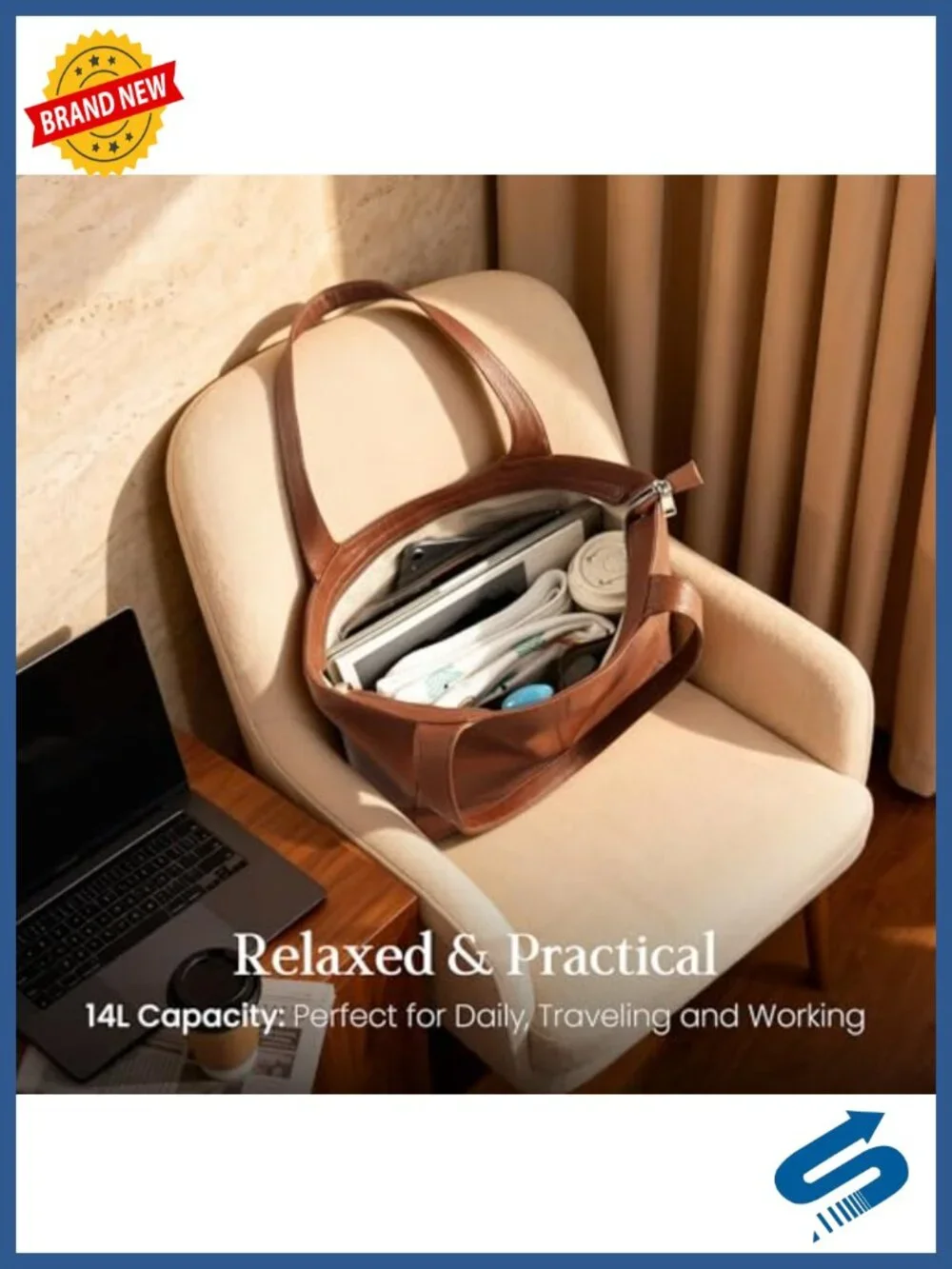 Genuine Leather Slouchy Tote Bag with Zipper, Laptop Pocket, Cup Holder, Travel
